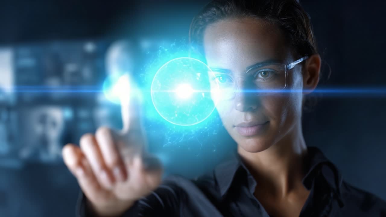 Una mujer concentrada interactúa con una pantalla holográfica, mostrando tecnología avanzada e innovación mientras manipula luz y energía en un entorno futurista.