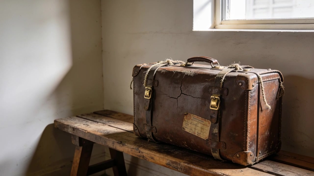 Shifting camera bringing worn suitcase closer as sunlight rising into pale room, revealing buckles