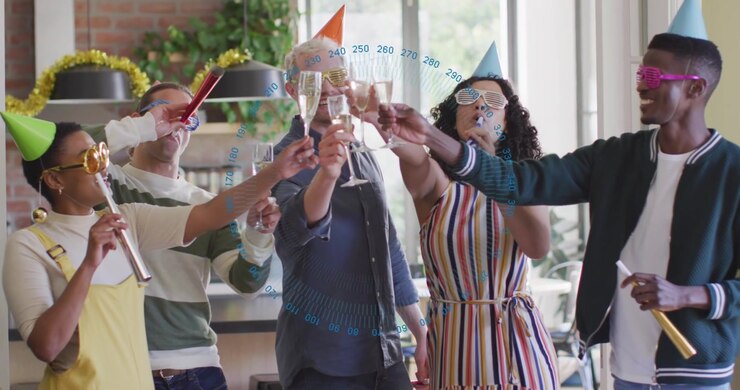 Animation of round scanner spinning over group of diverse friends toasting drinks together