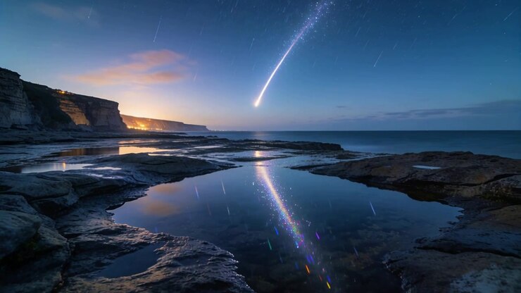 Appearing bright meteor streak moving down at twilight over tidal pools, reflecting in central pool