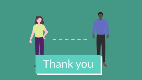 thank you text banner over man and woman maintain social distancing icons against green background