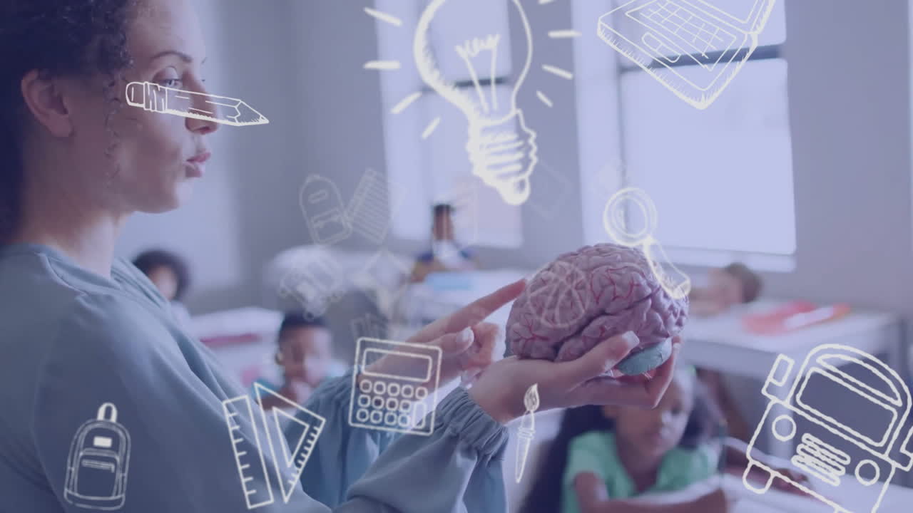 animación de objetos escolares iconos sobre feliz diversa maestra con los estudiantes en la clase de ciencias