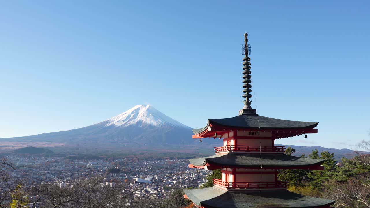 Red Chureito pagoda with Mount Fuji in the background on a clear day