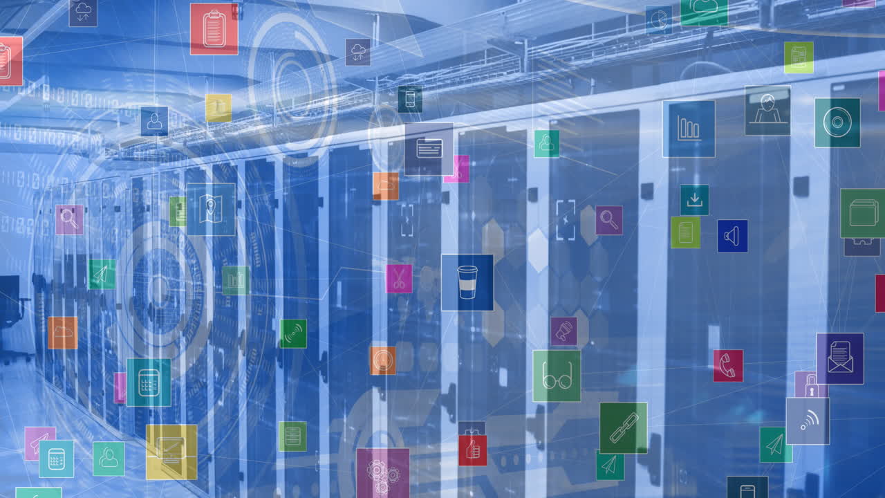 디지털 아이콘의 애니메이션 스 ⁇  스캐닝과 파란색 배경에 컴퓨터 서버