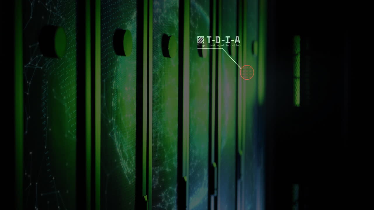 데이터 센터의 디지털 글로브 배경에 텍스트 애니메이션을 가진 서버 랙