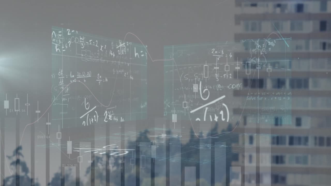 도시 풍경 위의 데이터 처리 애니메이션