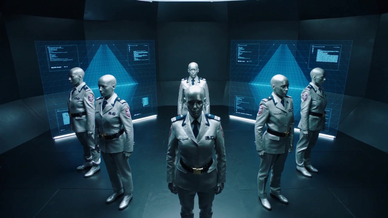 Androide guida in uniforme che mantiene la posizione sotto la luce con ologrammi, telecamera che zooma per la demo.