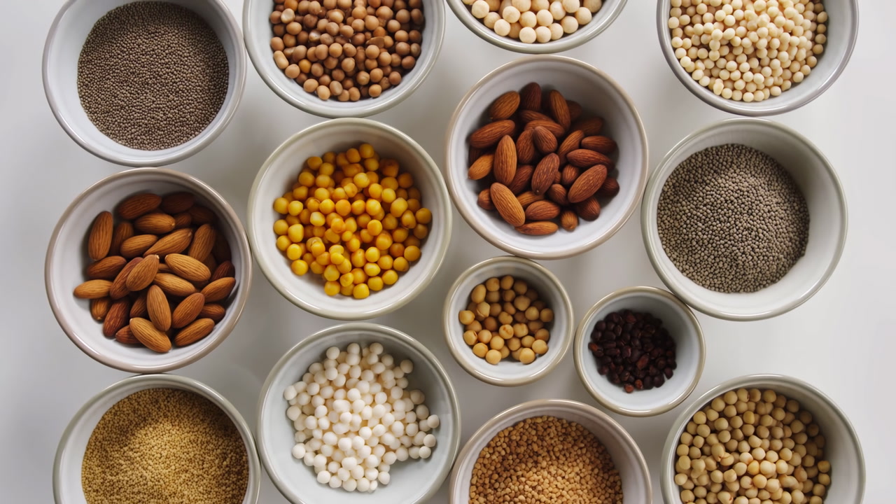Topdown View Assorted Grains In Bowls, Arranged In White Ceramic Bowls On Light Surface, Mix Of Almonds,