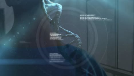 Dna structure spinning and medical data processing against thoughtful female health worker using dig