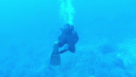un buzo nadando cerca del fondo del mar en una inmersión en mallorca, españa