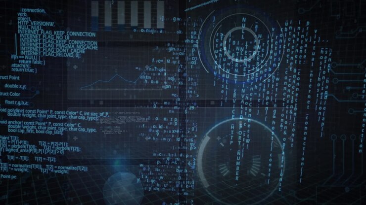 Animation of scope scanning and data processing on screens over grid