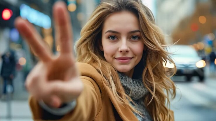 Una donna che fa un segno di pace con le dita