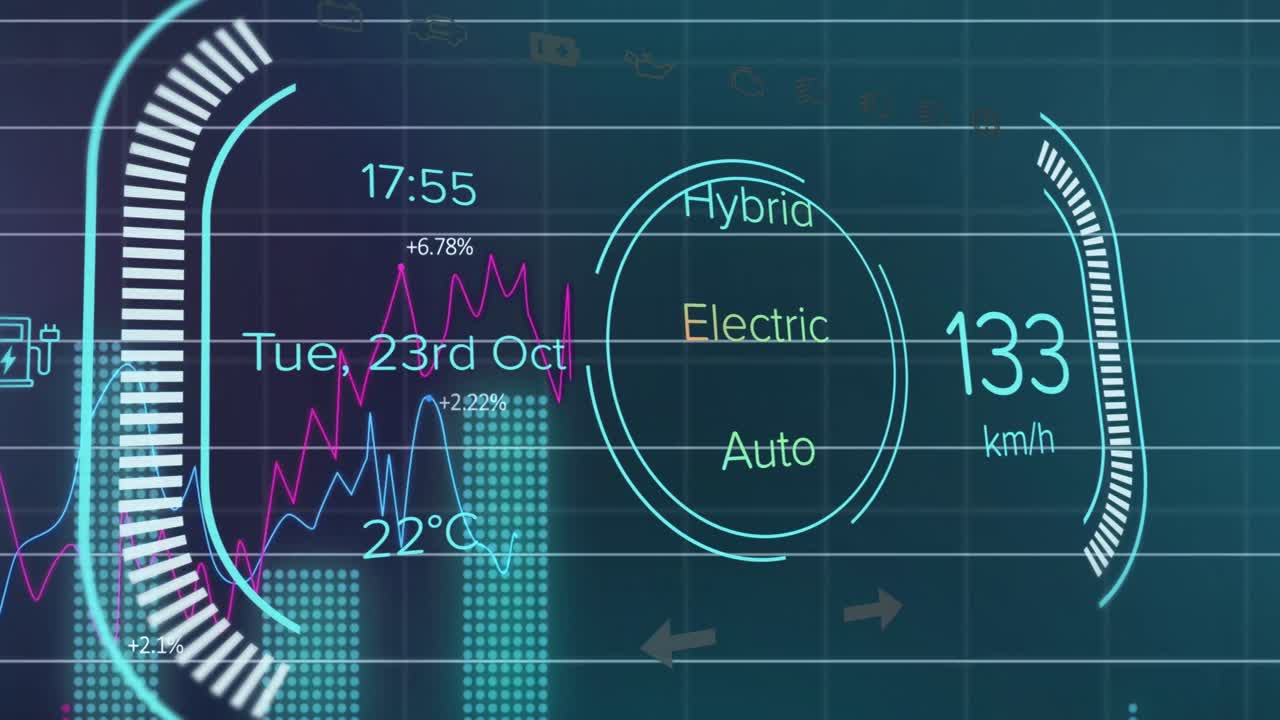 Animation of digital infotainment display with multicolored graphs over blue background
