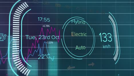 Animation-of-digital-infotainment-display-with-multicolored-graphs-over-blue-background