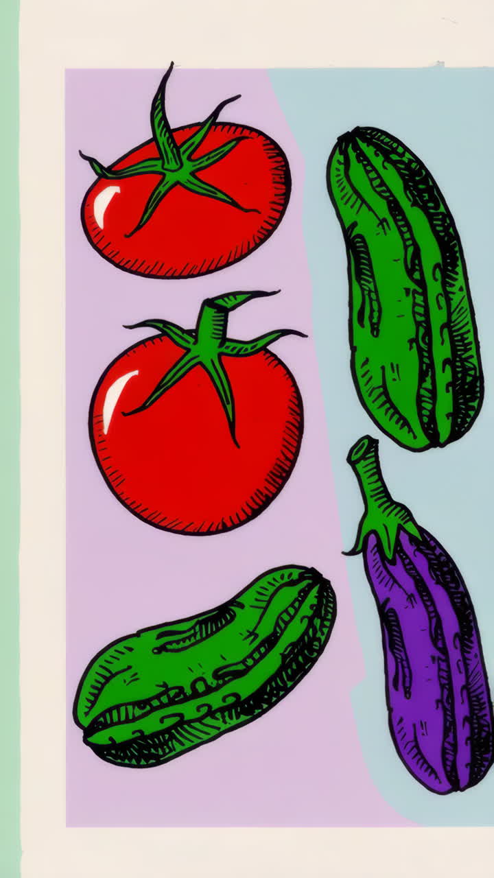 Verdure illustrate: Pomodori, Cetrioli e Melanzana.