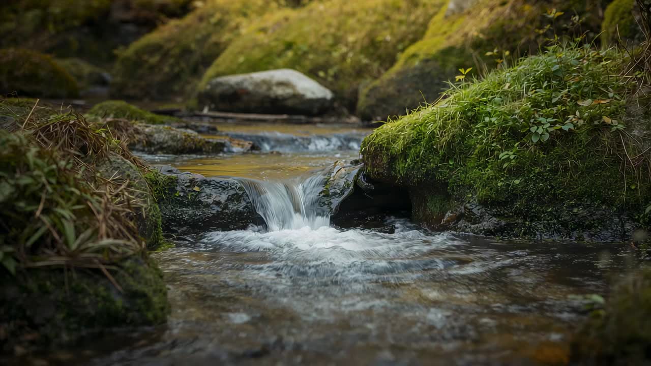 Tetesan air memasuki celah yang mengalir ke air terjun sempit di saluran berumput berlumut, menghasilkan busa putih