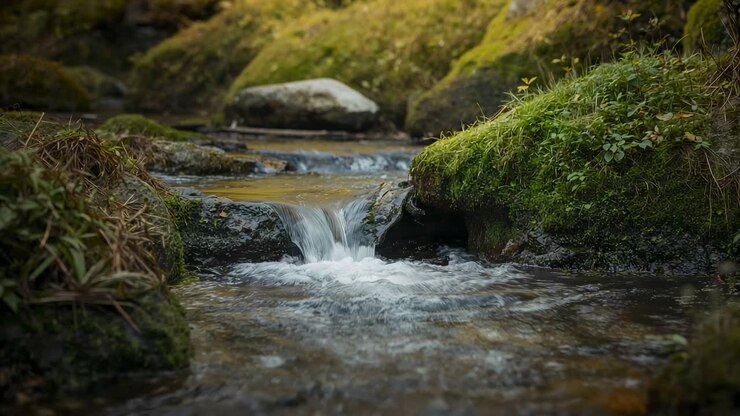 Trickling water entering gap feeding narrow cascade at mossy grassy channel, producing white foam