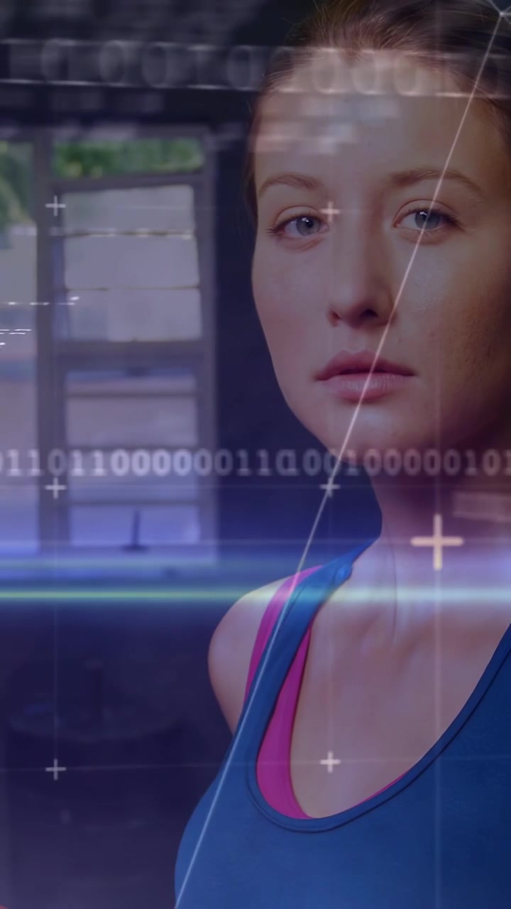Vertical video: Woman turning face as camera pullback in fitness HUD data sweeping showing stats