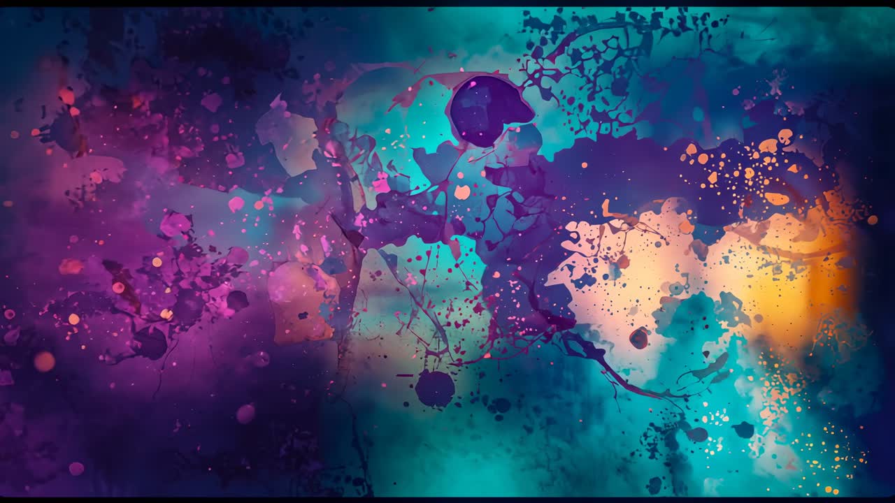 Upon expanding magenta-purple droplets drifting inward to form splatter ring on canvas, with glow