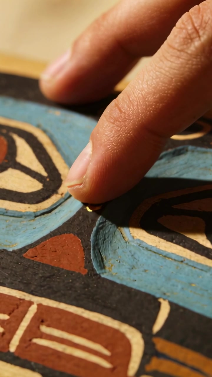 Vídeo vertical: Mão direita se aproximando de uma marca dourada, explorando o sulco de um painel pintado e observando a textura.