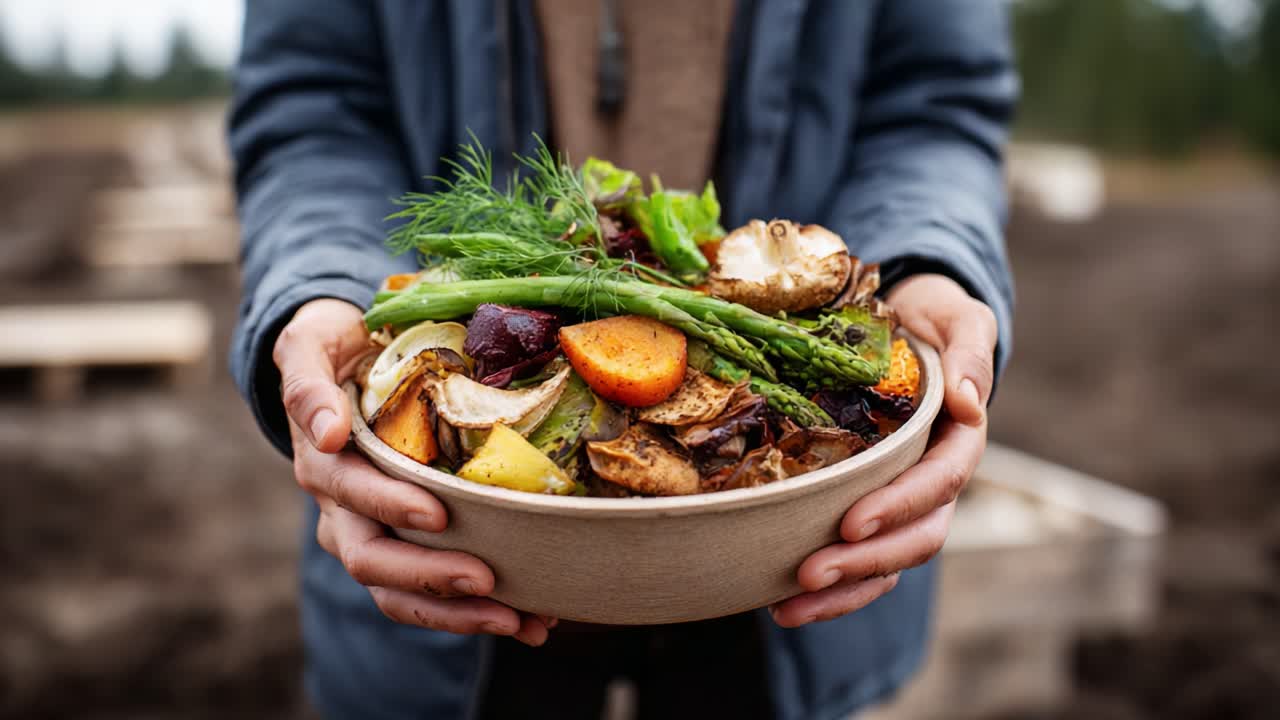 A person holds a bowl filled with colorful, organic vegetables showcasing the beauty of fresh produce in a vibrant, earthy outdoor setting