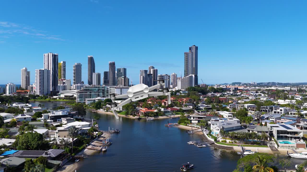 Aerial animation of a cityscape with canals, showcasing modern architecture and vibrant urban life under clear blue skies