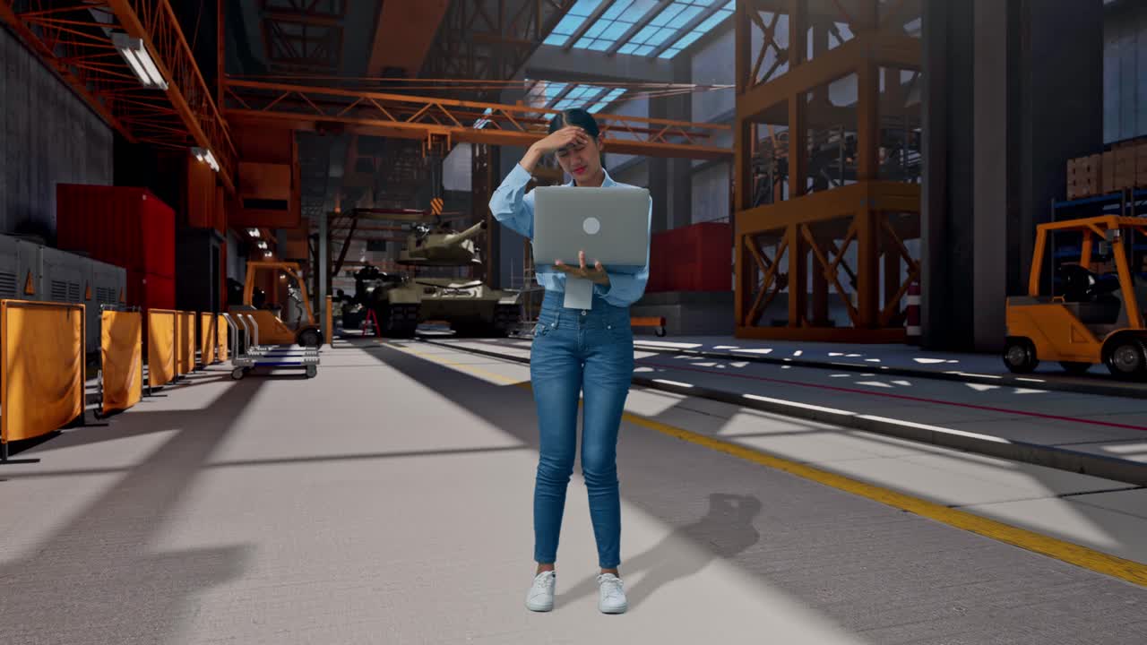 Corpo inteiro de mulher asiática com seu laptop, tanque militar em construção em instalação industrial. Ela está balançando a cabeça em sinal de desaprovação.