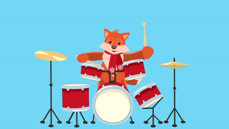 cartoon little fox flat christmas character play drums animation includes matte