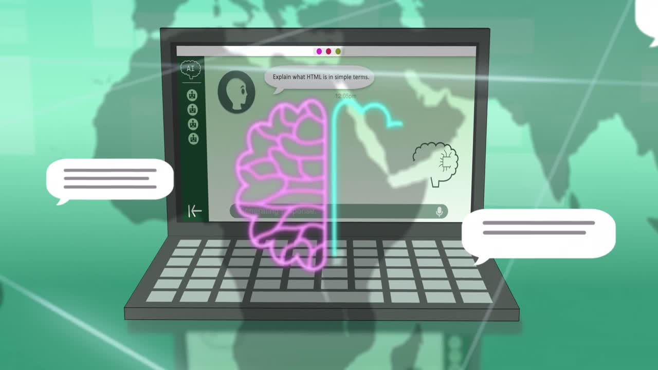 Animation of ai chat and data processing over laptop on green background