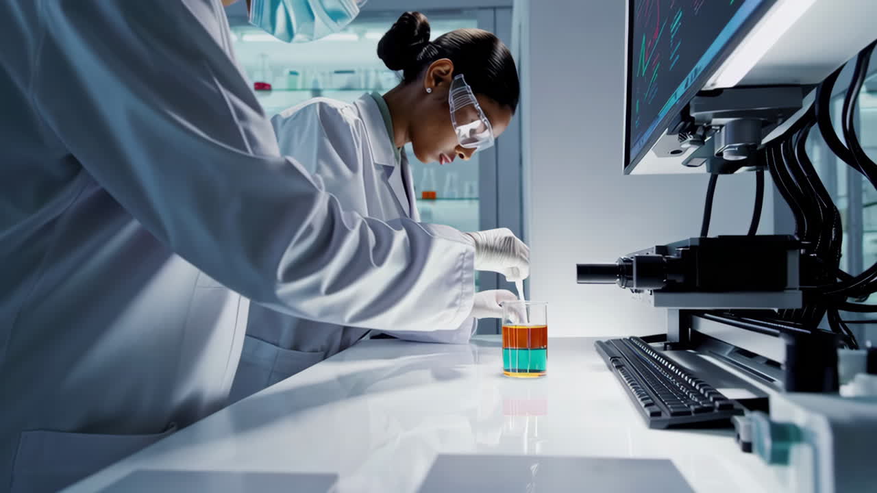 Scientists conducting experiment in modern laboratory