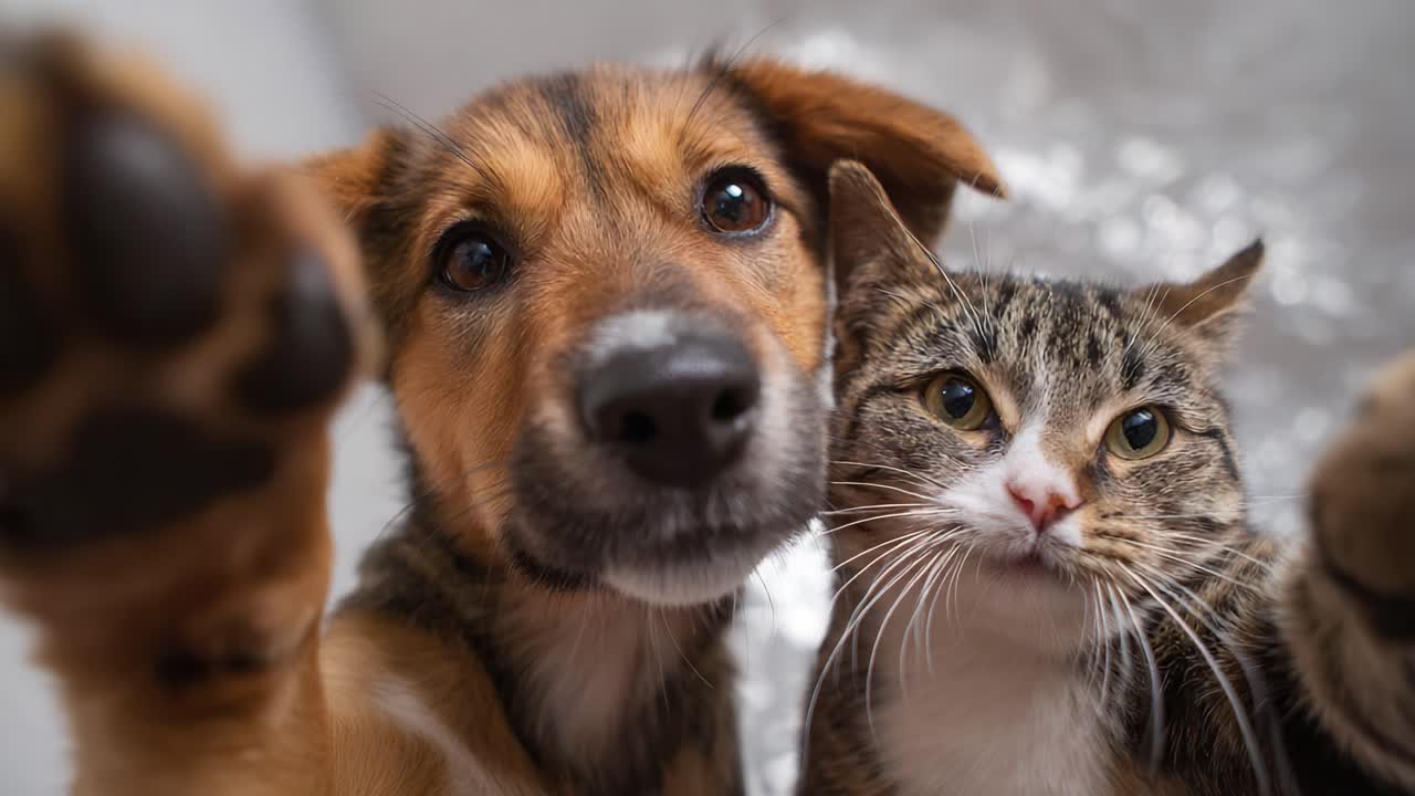 Entzückende Nahaufnahme einer Hunde und Katze zusammen, die ihre verspielten Persönlichkeiten und einzigartigen Gesichtsausdrücke in einer hellen, lustigen Atmosphäre zeigen