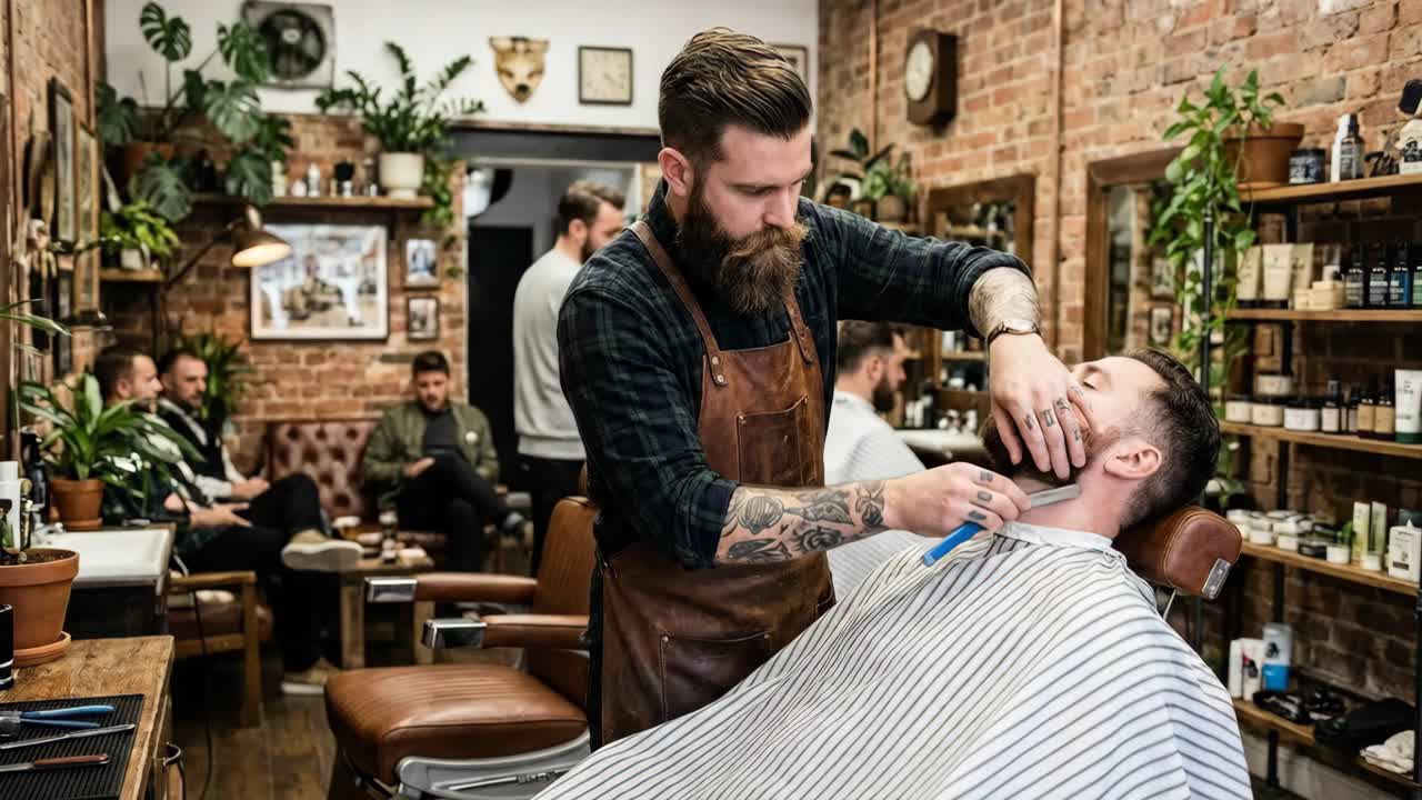Barber giver en barbering i en vintage barbershop