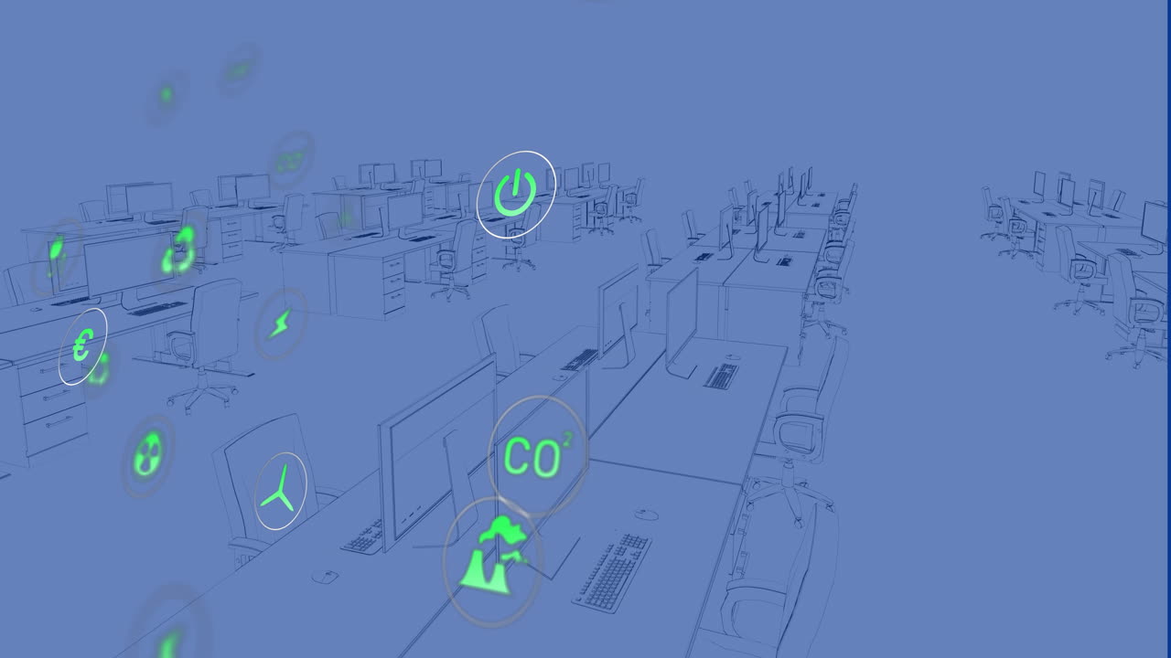 사무실의 디지털 작업 공간 위에 떠다니는 지속 가능한 아이콘의 애니메이션