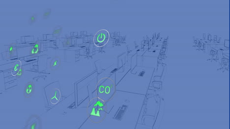 Animation-of-sustainable-icons-floating-over-digital-workspace-in-office