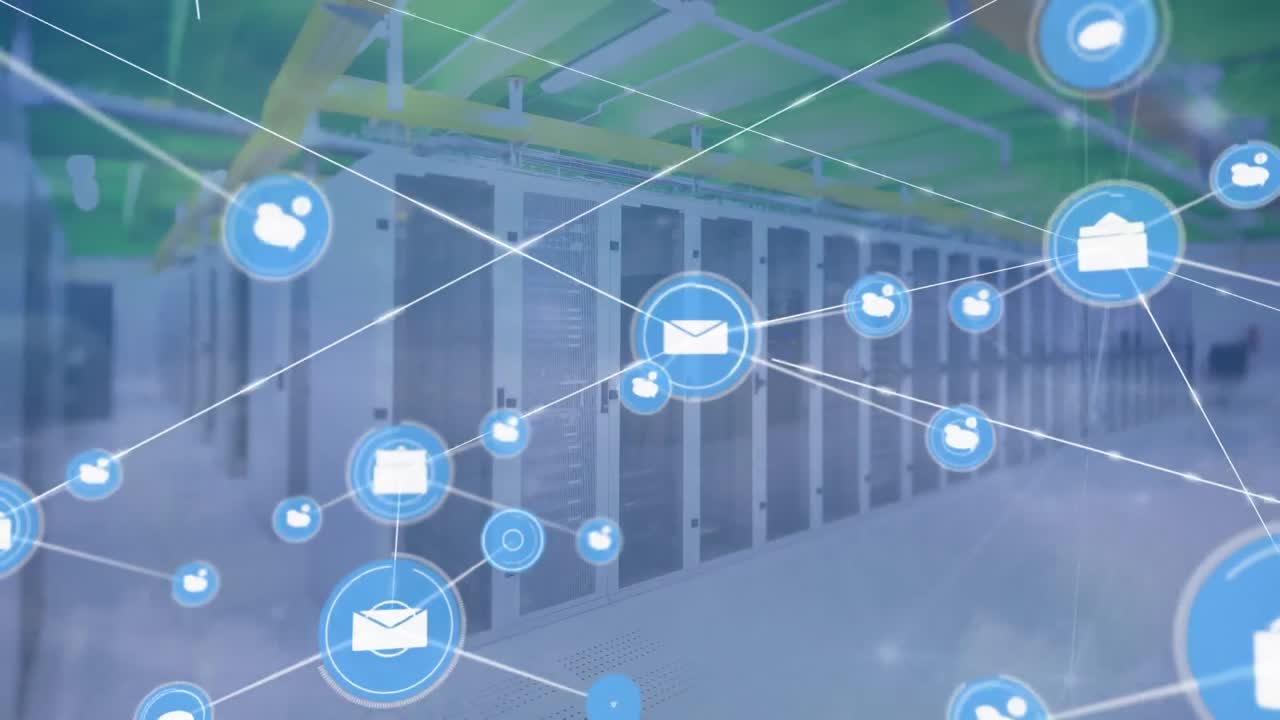 밀집된 구름의 공중 시야에 대한 서버 에서 연결된 아이콘의 애니메이션