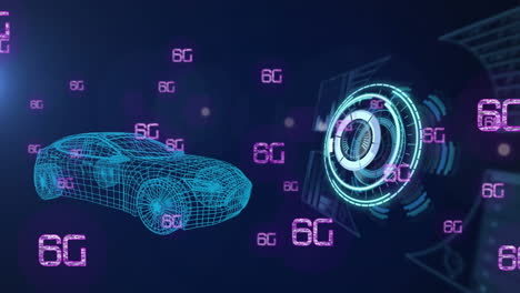 animación de texto 6g, alcance y procesamiento de datos sobre dibujo de automóvil 3d.