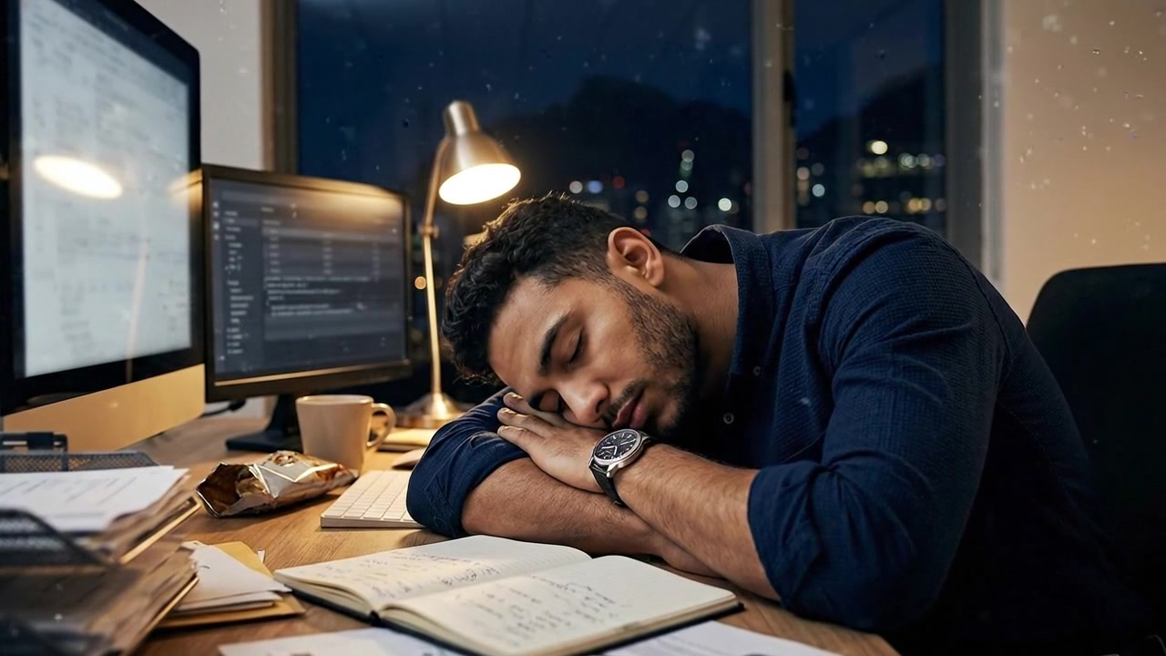 Professionista che riposa alla scrivania in un ambiente d'ufficio durante una sessione di lavoro notturna