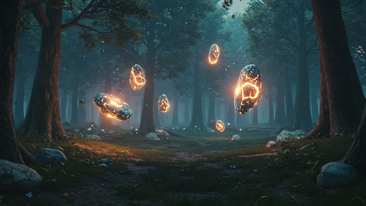 A Mystical Journey Through an Enchanted Forest: Glowing Orbs Illuminate the Path as Nature and Magic Intertwine in a Captivating Scene