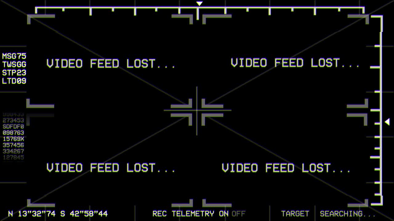 "Video Feed Lost" Graphics Overlay For Retro Camera, Drone or Helicopter Searching for Targets