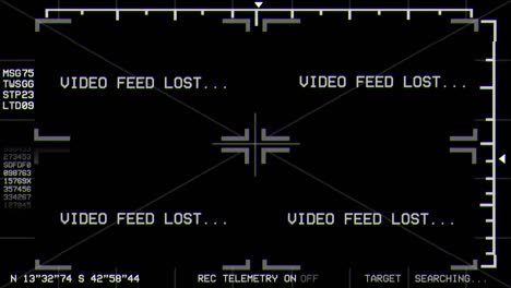 "video feed lost" graphics overlay for retro camera, drone or helicopter searching for targets