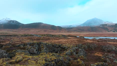 lava field in autumn in iceland with cone-shaped volcanos on the horizon - sliding aerial reveal