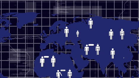 global population distribution animation over world map with grid background