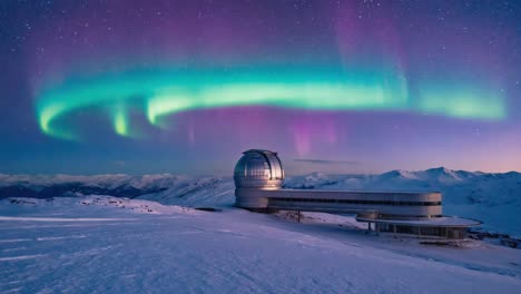 aurora borealis over an observatory in a snowy mountain landscape
