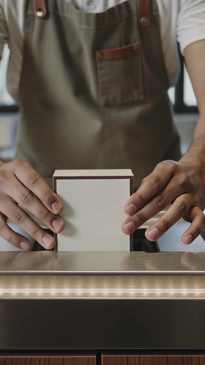 Vertical video: Camera moving, man in olive apron picking cube at counter, placing in slot to fit