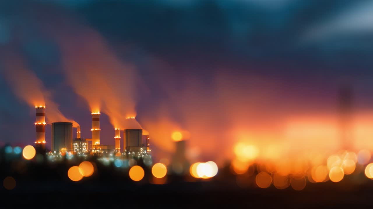 Paisaje de fábrica industrial al anochecer con emisiones de humo e infraestructura iluminada, mostrando el proceso continuo de industrialización y producción de energía.