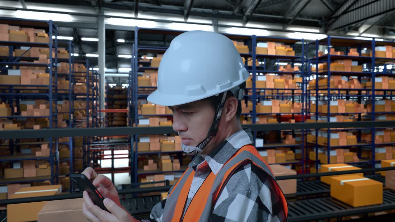 vista lateral de cerca de un ingeniero masculino asiático con casco de seguridad usando un teléfono inteligente mientras está de pie en el almacén con estantes llenos de productos de entrega