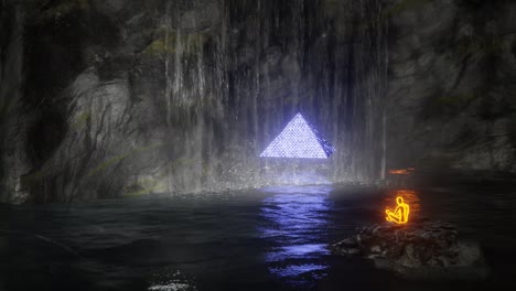 person meditates on cave lake island with waterfall in front of glowing pyramid. 3d render, seamless loop.