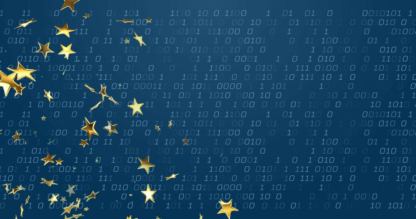 Cluster of golden stars entering left side glowing scattering amid binary code showing digital flow