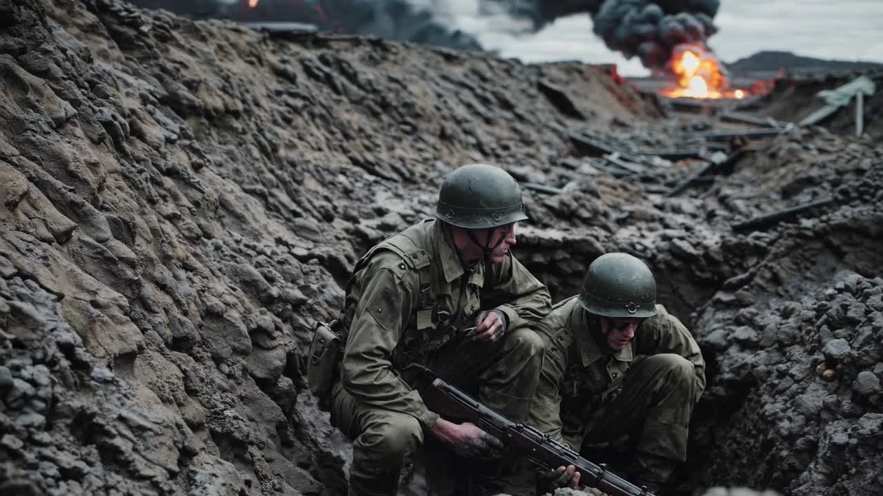 Two soldiers crouching in a trench, holding a rifle, with smoke and fire from explosions rising in the background during a world war two battle