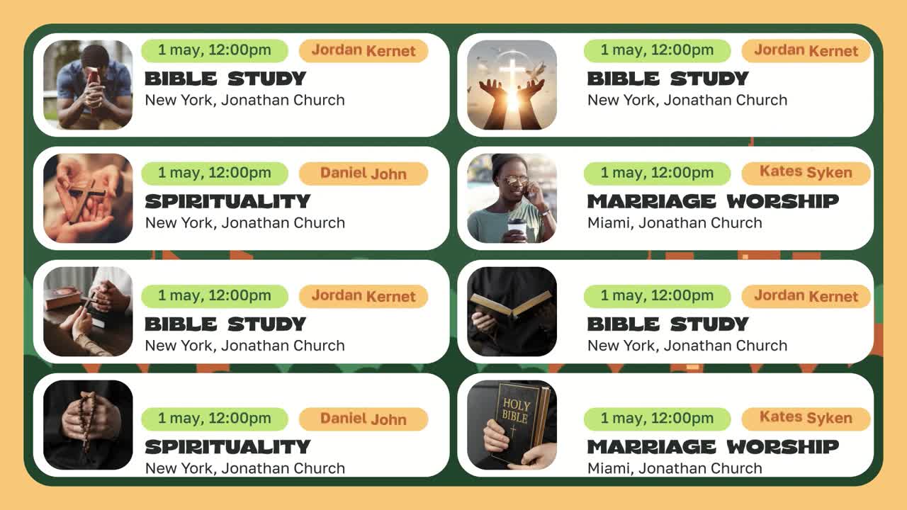 Elenchi di eventi animati per studi religiosi e culto.